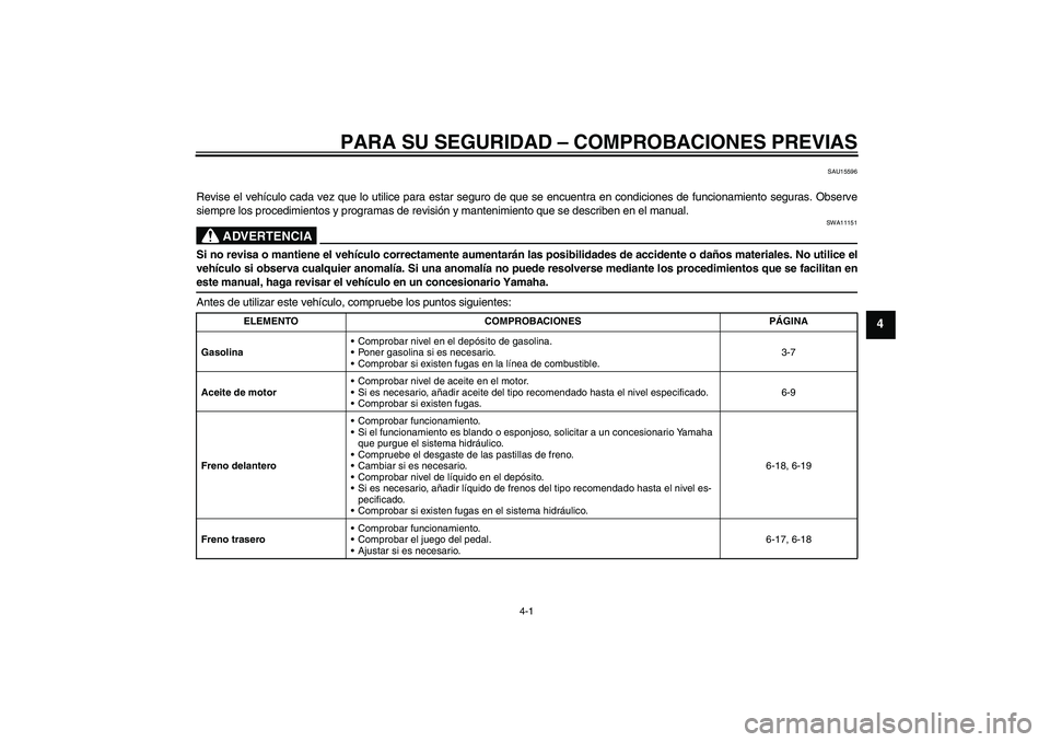 YAMAHA YBR125 2009  Manuale de Empleo (in Spanish) PARA SU SEGURIDAD – COMPROBACIONES PREVIAS
4-1
4
SAU15596
Revise el vehículo cada vez que lo utilice para estar seguro de que se encuentra en condiciones de funcionamiento seguras. Observe
siempre 