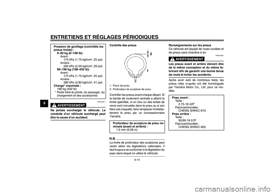 YAMAHA YBR125 2009  Notices Demploi (in French) ENTRETIENS ET RÉGLAGES PÉRIODIQUES
6-14
6
AVERTISSEMENT
FWA10511
Ne jamais surcharger le véhicule. La
conduite d’un véhicule surchargé peutêtre la cause d’un accident.Contrôle des pneus
Con