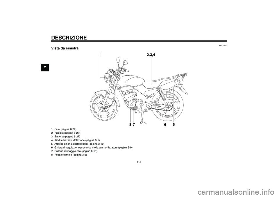 YAMAHA YBR125 2009 Manuale duso (in Italian) DESCRIZIONE
2-1
2
HAU10410
Vista da sinistra1. Faro (pagina 6-29)
2. Fusibile (pagina 6-28)
3. Batteria (pagina 6-27)
4. Kit di attrezzi in dotazione (pagina 6-1)
5. Attacco cinghia portabagagli (pagi YAMAHA YBR125 2009 Manuale duso (in Italian) DESCRIZIONE
2-1
2
HAU10410
Vista da sinistra1. Faro (pagina 6-29)
2. Fusibile (pagina 6-28)
3. Batteria (pagina 6-27)
4. Kit di attrezzi in dotazione (pagina 6-1)
5. Attacco cinghia portabagagli (pagi