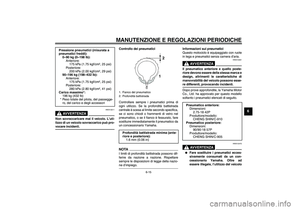 YAMAHA YBR125 2009  Manuale duso (in Italian) MANUTENZIONE E REGOLAZIONI PERIODICHE
6-15
6
AVVERTENZA
HWA10511
Non sovraccaricare mai il veicolo. L’uti-
lizzo di un veicolo sovraccarico può pro-vocare incidenti.Controllo dei pneumatici
Control