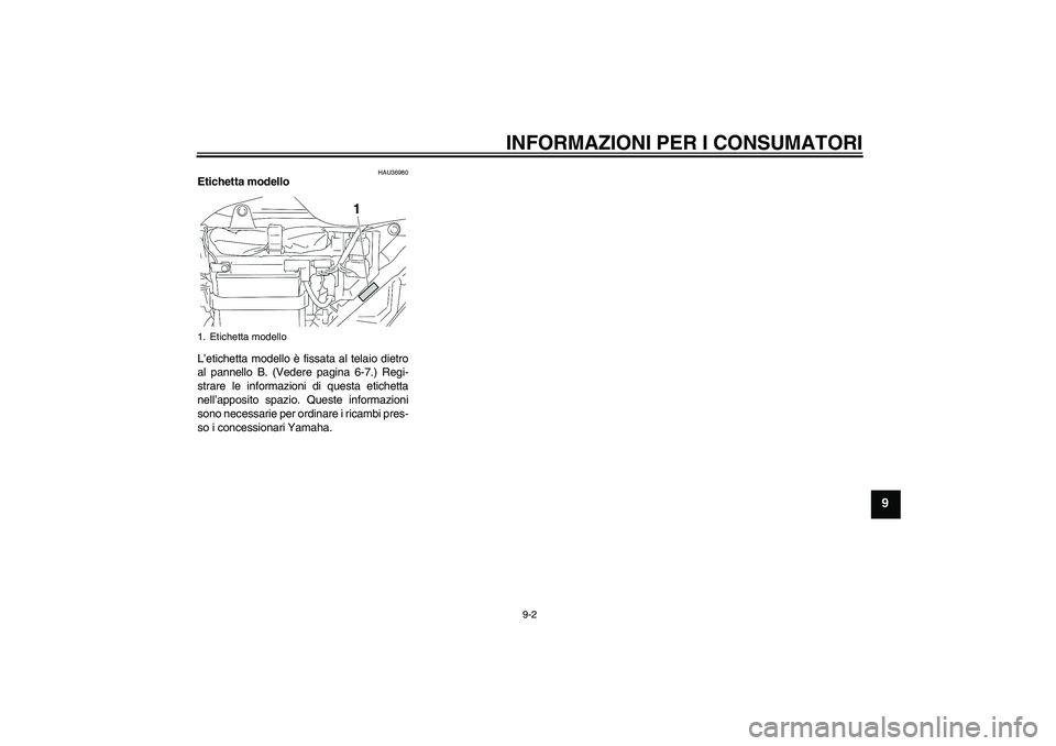 YAMAHA YBR125 2009 Manuale duso (in Italian) INFORMAZIONI PER I CONSUMATORI
9-2
9
HAU36980
Etichetta modello
L’etichetta modello è fissata al telaio dietro
al pannello B. (Vedere pagina 6-7.) Regi-
strare le informazioni di questa etichetta
YAMAHA YBR125 2009 Manuale duso (in Italian) INFORMAZIONI PER I CONSUMATORI
9-2
9
HAU36980
Etichetta modello
L’etichetta modello è fissata al telaio dietro
al pannello B. (Vedere pagina 6-7.) Regi-
strare le informazioni di questa etichetta