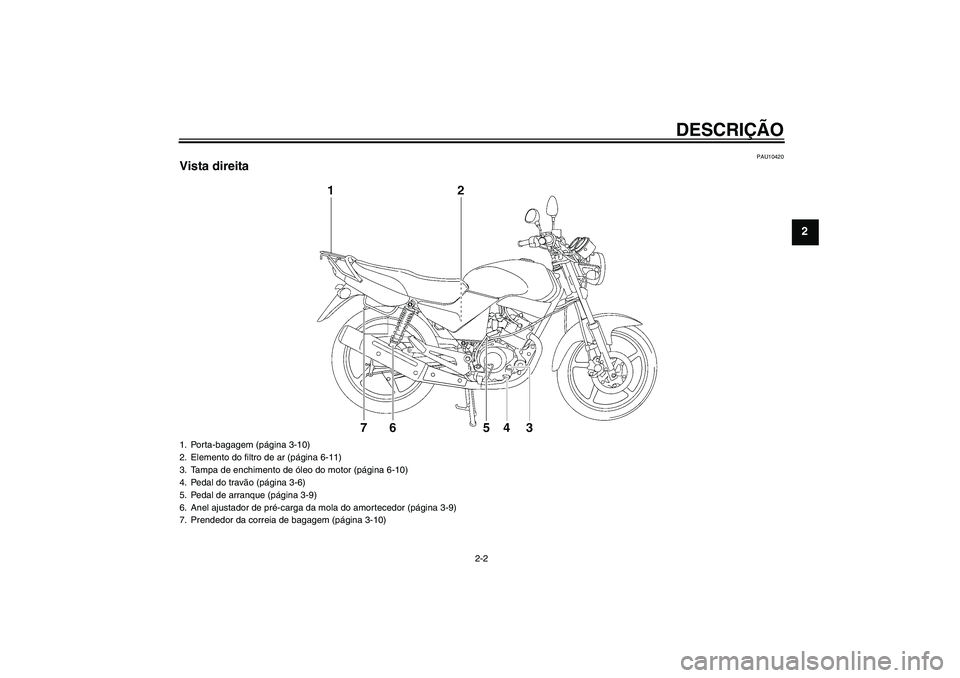 YAMAHA YBR125 2009 Manual de utilização (in Portuguese) DESCRIÇÃO
2-2
2
PAU10420
Vista direita1. Porta-bagagem (página 3-10)
2. Elemento do filtro de ar (página 6-11)
3. Tampa de enchimento de óleo do motor (página 6-10)
4. Pedal do travão (página YAMAHA YBR125 2009 Manual de utilização (in Portuguese) DESCRIÇÃO
2-2
2
PAU10420
Vista direita1. Porta-bagagem (página 3-10)
2. Elemento do filtro de ar (página 6-11)
3. Tampa de enchimento de óleo do motor (página 6-10)
4. Pedal do travão (página