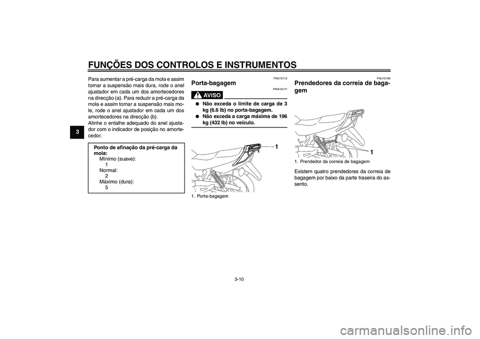 YAMAHA YBR125 2009 Manual de utilização (in Portuguese) FUNÇÕES DOS CONTROLOS E INSTRUMENTOS
3-10
3
Para aumentar a pré-carga da mola e assim
tornar a suspensão mais dura, rode o anel
ajustador em cada um dos amortecedores
na direcção (a). Para reduz YAMAHA YBR125 2009 Manual de utilização (in Portuguese) FUNÇÕES DOS CONTROLOS E INSTRUMENTOS
3-10
3
Para aumentar a pré-carga da mola e assim
tornar a suspensão mais dura, rode o anel
ajustador em cada um dos amortecedores
na direcção (a). Para reduz