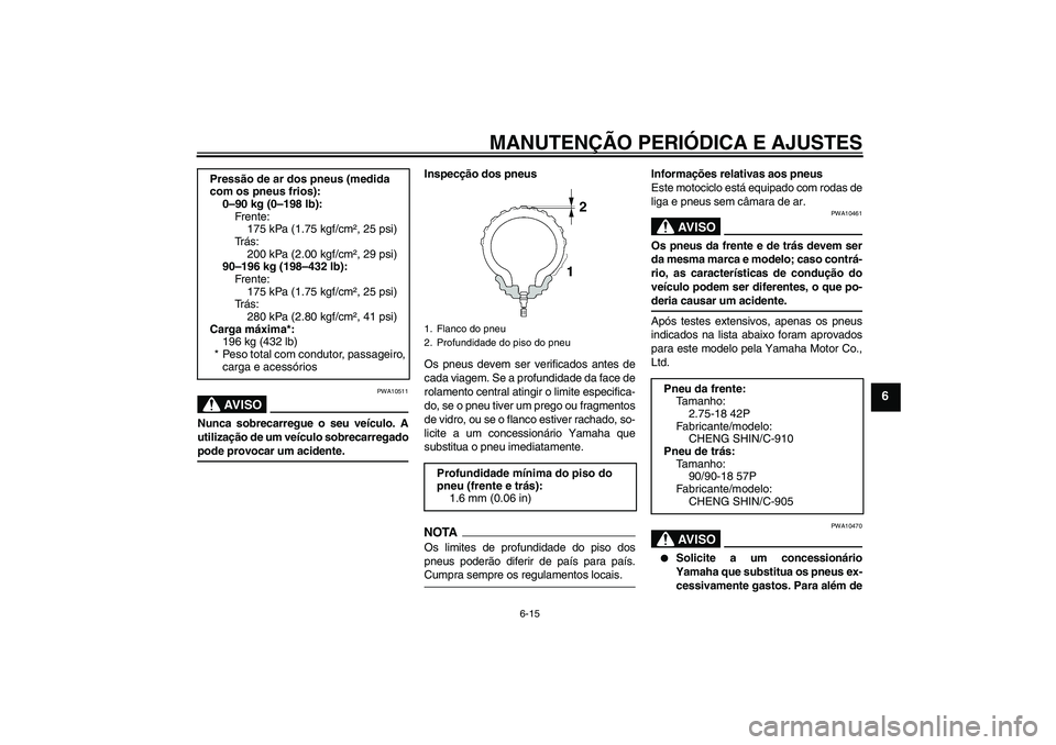 YAMAHA YBR125 2009  Manual de utilização (in Portuguese) MANUTENÇÃO PERIÓDICA E AJUSTES
6-15
6
AV I S O
PWA10511
Nunca sobrecarregue o seu veículo. A
utilização de um veículo sobrecarregadopode provocar um acidente.Inspecção dos pneus
Os pneus deve