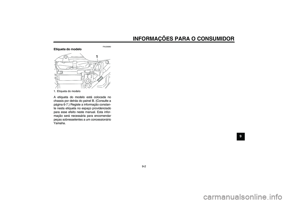 YAMAHA YBR125 2009  Manual de utilização (in Portuguese) INFORMAÇÕES PARA O CONSUMIDOR
9-2
9
PAU36980
Etiqueta do modelo 
A etiqueta do modelo está colocada no
chassis por detrás do painel B. (Consulte a
página 6-7.) Registe a informação constan-
te 
