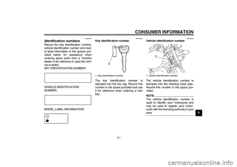 YAMAHA YBR125 2008 Manual PDF CONSUMER INFORMATION
9-1
9
EAU26351
Identification numbers Record the key identification number,
vehicle identification number and mod-
el label information in the spaces pro-
vided below for assistan