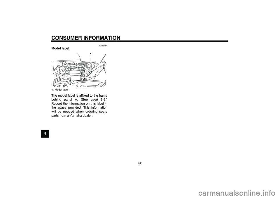 YAMAHA YBR125 2008 Manual PDF CONSUMER INFORMATION
9-2
9
EAU36980
Model label 
The model label is affixed to the frame
behind panel A. (See page 6-6.)
Record the information on this label in
the space provided. This information
wi