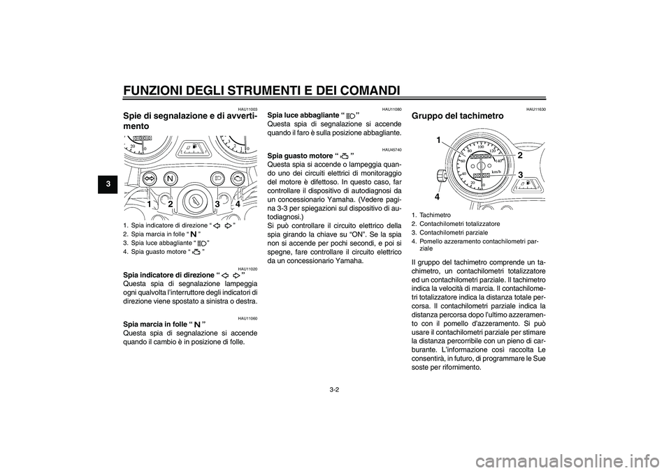 YAMAHA YBR125 2008  Manuale duso (in Italian) FUNZIONI DEGLI STRUMENTI E DEI COMANDI
3-2
3
HAU11003
Spie di segnalazione e di avverti-
mento 
HAU11020
Spia indicatore di direzione“” 
Questa spia di segnalazione lampeggia
ogni qualvolta l’in