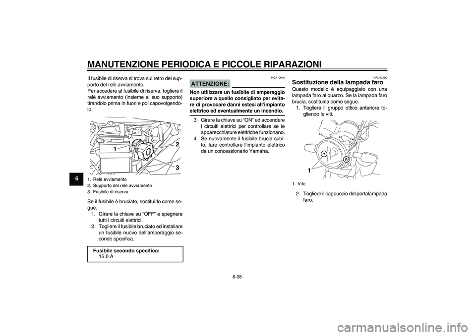 YAMAHA YBR125 2008  Manuale duso (in Italian) MANUTENZIONE PERIODICA E PICCOLE RIPARAZIONI
6-28
6
Il fusibile di riserva si trova sul retro del sup-
porto del relè avviamento.
Per accedere al fusibile di riserva, togliere il
relè avviamento (in