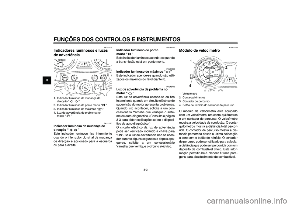 YAMAHA YBR125 2008  Manual de utilização (in Portuguese) FUNÇÕES DOS CONTROLOS E INSTRUMENTOS
3-2
3
PAU11003
Indicadores luminosos e luzes 
de advertência 
PAU11020
Indicador luminoso de mudança de 
direcção“” 
Este indicador luminoso fica intermi