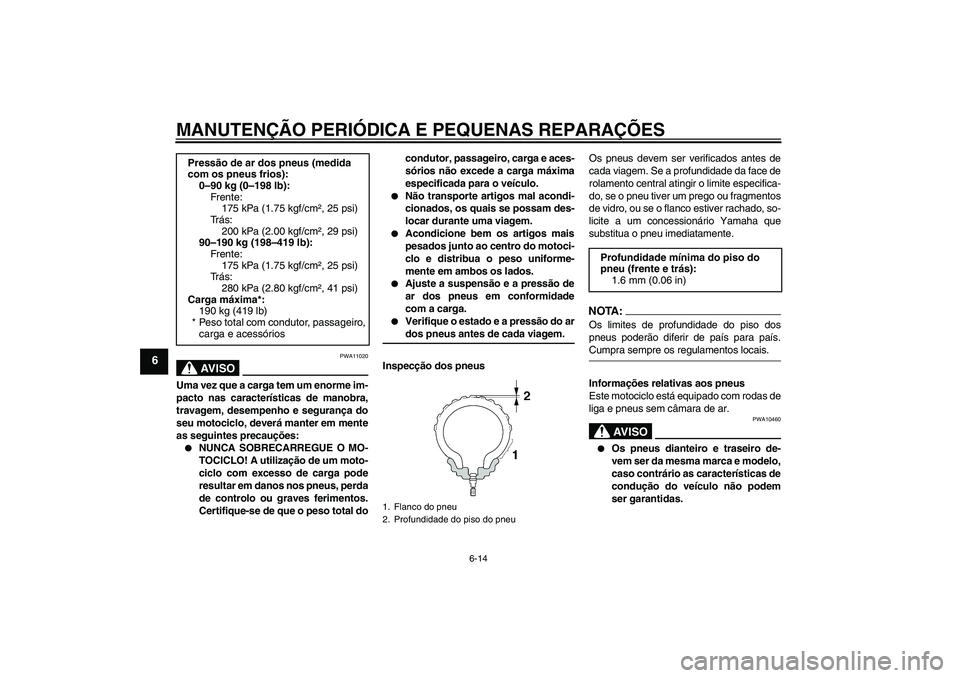 YAMAHA YBR125 2008  Manual de utilização (in Portuguese) MANUTENÇÃO PERIÓDICA E PEQUENAS REPARAÇÕES
6-14
6
AV I S O
PWA11020
Uma vez que a carga tem um enorme im-
pacto nas características de manobra,
travagem, desempenho e segurança do
seu motociclo