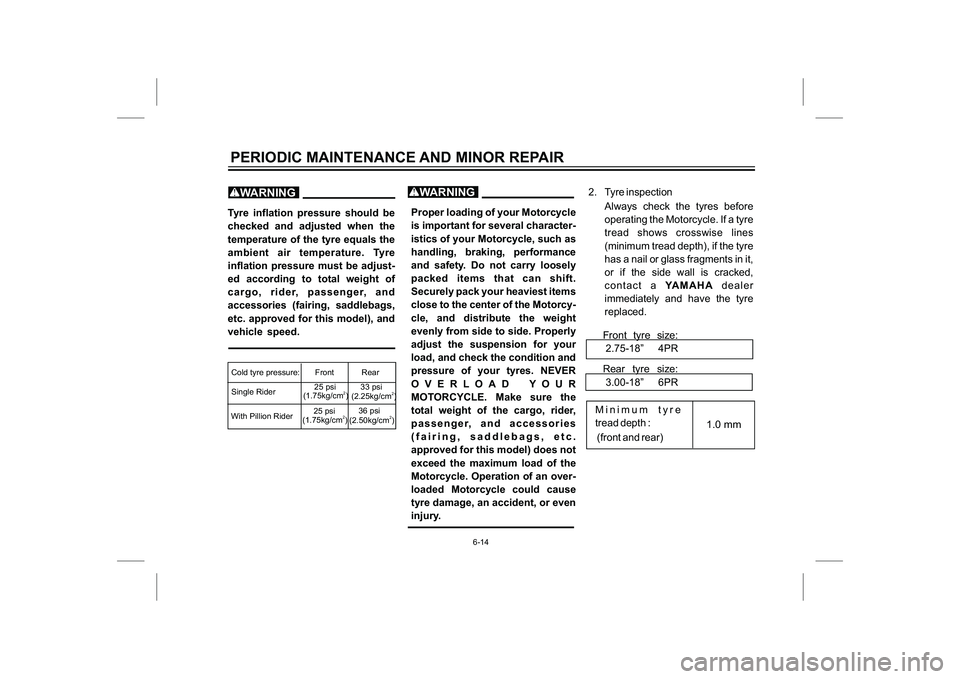 YAMAHA YBR125 2007  Owners Manual WARNING
WARNING
Minimum tyre
tread depth :
(front and rear)
1.0 mm
Tyre inflation pressure should be
checked and adjusted when the
temperature of the tyre equals the
ambient air temperature. Tyre
infl