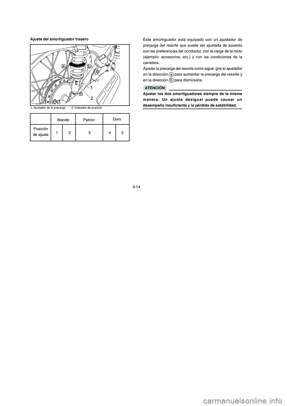 YAMAHA YBR125 2007  Manuale de Empleo (in Spanish) Posición
de ajuste
3-14 Este amortiguador está equipado con un ajustador de
precarga del resorte que puede ser ajustada de acuerdo
con las preferencias del conductor, con la carga de la moto
(ejempl