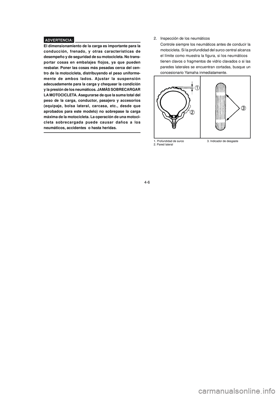 YAMAHA YBR125 2007 Manuale de Empleo (in Spanish) 4-6
El dimensionamiento de la carga es importante para la
conducción, frenado, y otras características de
desempeño y de seguridad de su motocicleta. No trans-
portar cosas en embalajes flojos, ya YAMAHA YBR125 2007 Manuale de Empleo (in Spanish) 4-6
El dimensionamiento de la carga es importante para la
conducción, frenado, y otras características de
desempeño y de seguridad de su motocicleta. No trans-
portar cosas en embalajes flojos, ya