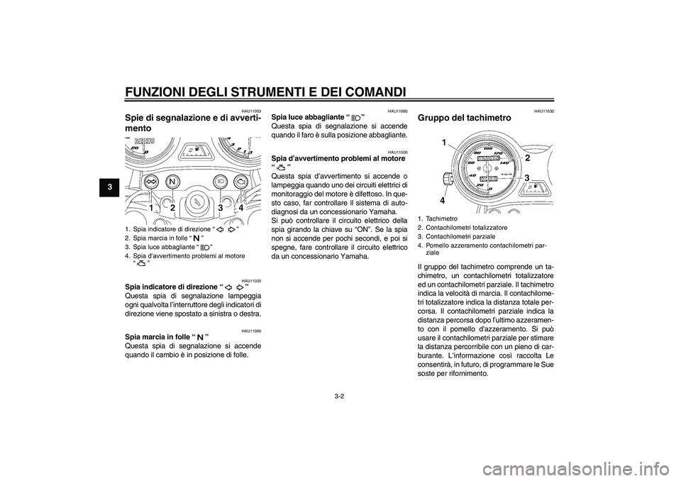 YAMAHA YBR125 2007  Manuale duso (in Italian) FUNZIONI DEGLI STRUMENTI E DEI COMANDI
3-2
3
HAU11003
Spie di segnalazione e di avverti-
mento 
HAU11020
Spia indicatore di direzione “” 
Questa spia di segnalazione lampeggia
ogni qualvolta l’i