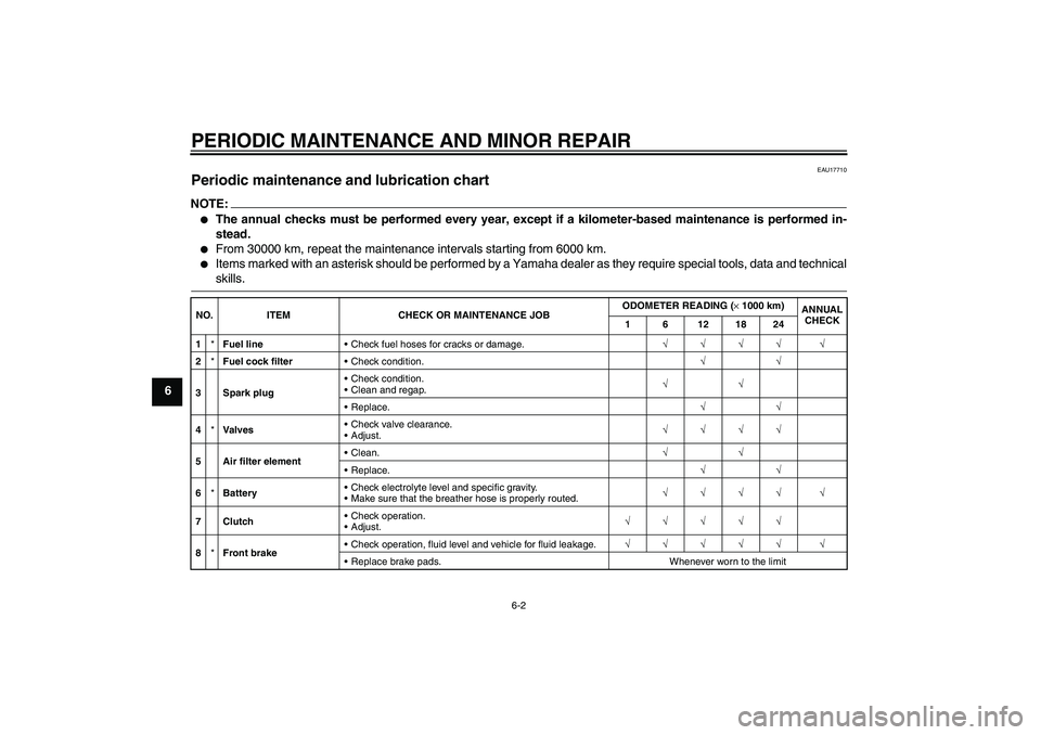 YAMAHA YBR125 2006 Owners Guide PERIODIC MAINTENANCE AND MINOR REPAIR
6-2
6
EAU17710
Periodic maintenance and lubrication chart NOTE:
The annual checks must be performed every year, except if a kilometer-based maintenance is perfor