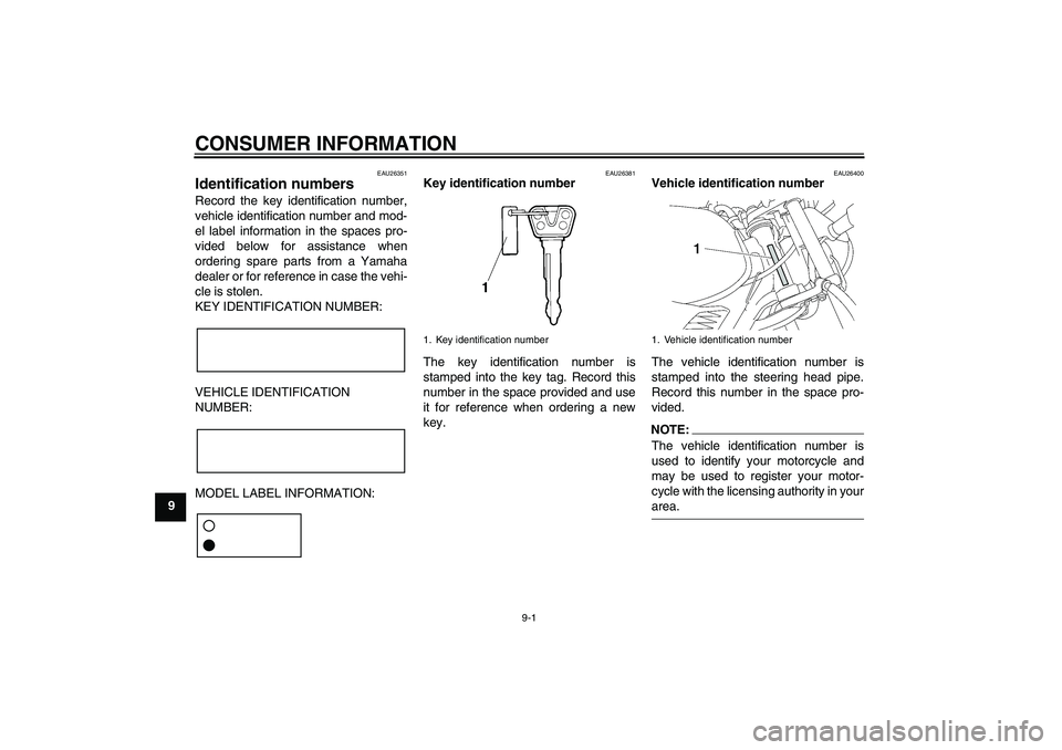 YAMAHA YBR125 2006 Manual PDF CONSUMER INFORMATION
9-1
9
EAU26351
Identification numbers Record the key identification number,
vehicle identification number and mod-
el label information in the spaces pro-
vided below for assistan