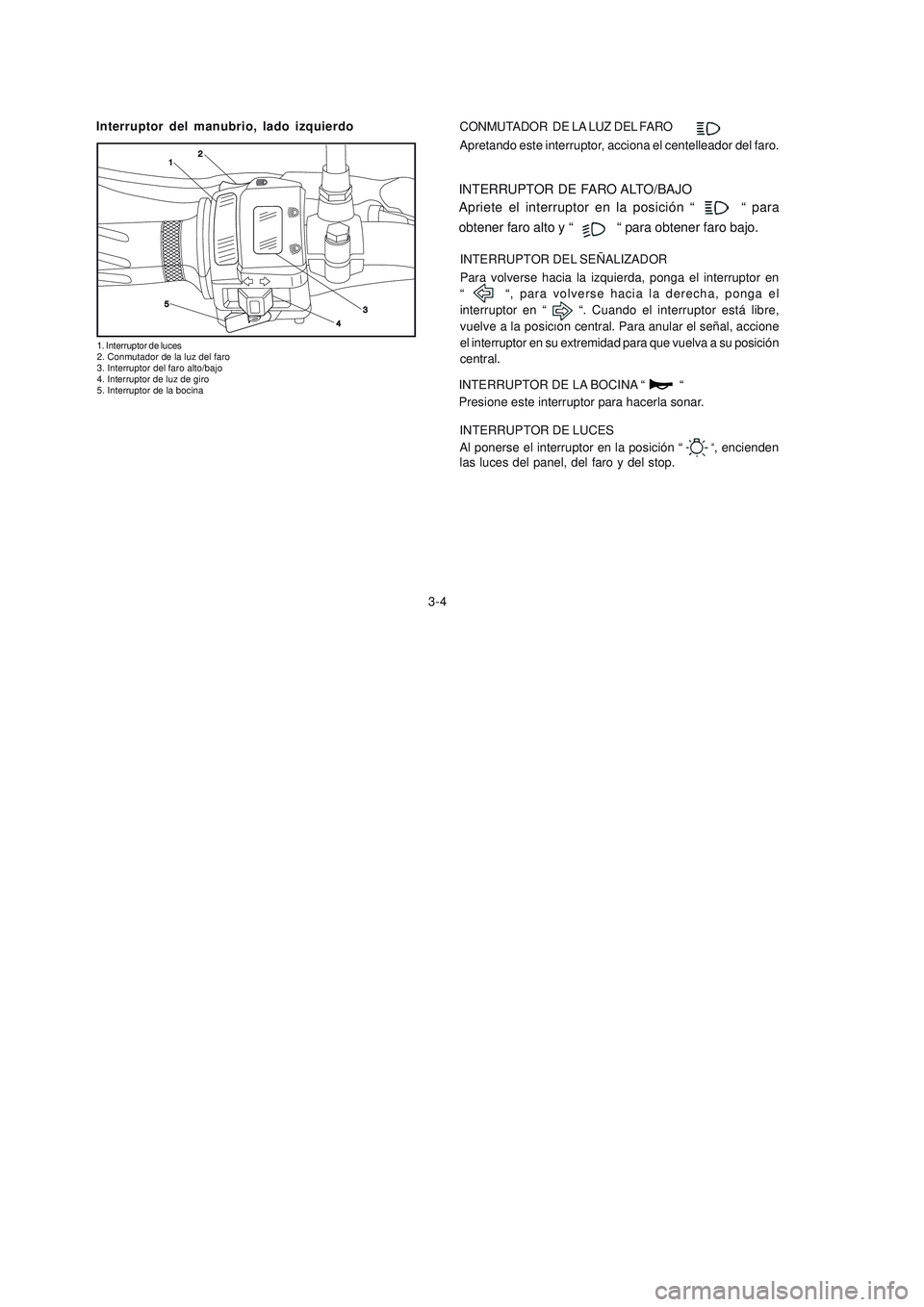 YAMAHA YBR125 2006 Manuale de Empleo (in Spanish) Interruptor del manubrio, lado izquierdo
1. Interruptor de luces
2. Conmutador de la luz del faro
3. Interruptor del faro alto/bajo
4. Interruptor de luz de giro
5. Interruptor de la bocina
INTERRUPTO YAMAHA YBR125 2006 Manuale de Empleo (in Spanish) Interruptor del manubrio, lado izquierdo
1. Interruptor de luces
2. Conmutador de la luz del faro
3. Interruptor del faro alto/bajo
4. Interruptor de luz de giro
5. Interruptor de la bocina
INTERRUPTO