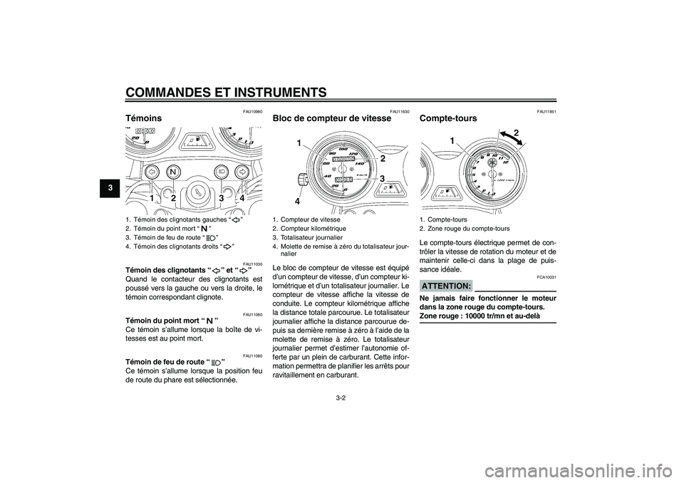 YAMAHA YBR125 2005  Notices Demploi (in French) COMMANDES ET INSTRUMENTS
3-2
3
FAU10980
Témoins 
FAU11030
Témoin des clignotants “” et “” 
Quand le contacteur des clignotants est
poussé vers la gauche ou vers la droite, le
témoin corres