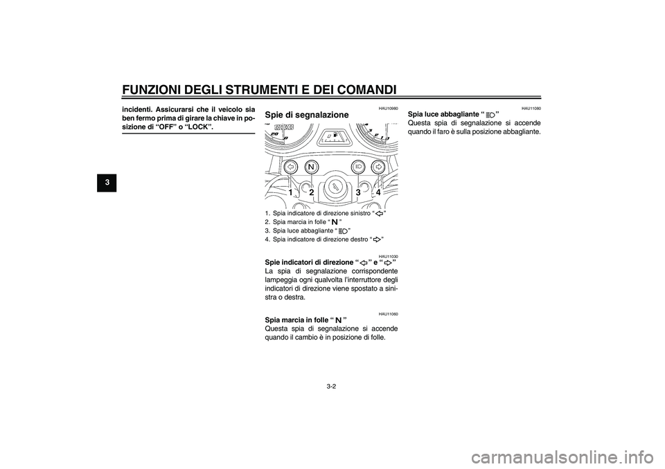 YAMAHA YBR125 2005  Manuale duso (in Italian) FUNZIONI DEGLI STRUMENTI E DEI COMANDI
3-2
3
incidenti. Assicurarsi che il veicolo sia
ben fermo prima di girare la chiave in po-sizione di “OFF” o “LOCK”.
HAU10980
Spie di segnalazione 
HAU11