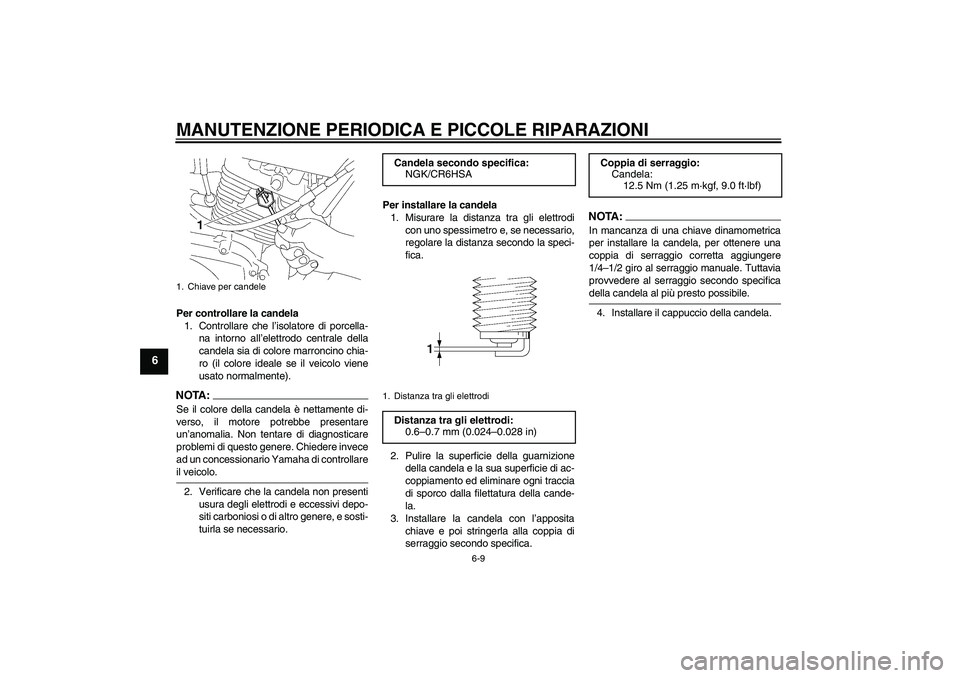 YAMAHA YBR125 2005  Manuale duso (in Italian) MANUTENZIONE PERIODICA E PICCOLE RIPARAZIONI
6-9
6
Per controllare la candela
1. Controllare che l’isolatore di porcella-
na intorno all’elettrodo centrale della
candela sia di colore marroncino c