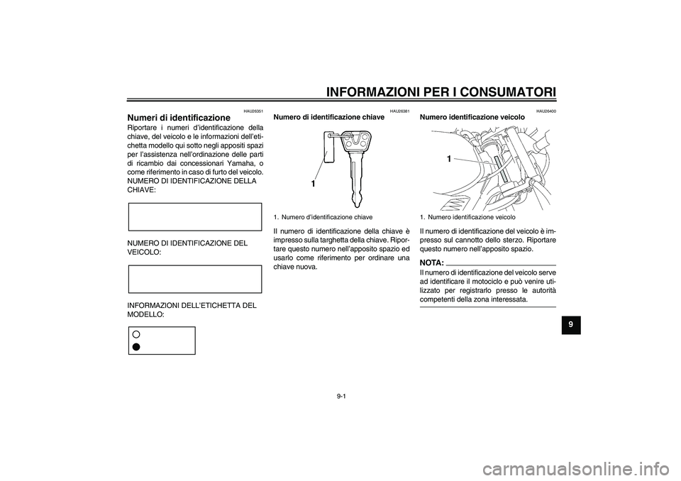 YAMAHA YBR125 2005 Manuale duso (in Italian) INFORMAZIONI PER I CONSUMATORI
9-1
9
HAU26351
Numeri di identificazione Riportare i numeri d’identificazione della
chiave, del veicolo e le informazioni dell’eti-
chetta modello qui sotto negli ap YAMAHA YBR125 2005 Manuale duso (in Italian) INFORMAZIONI PER I CONSUMATORI
9-1
9
HAU26351
Numeri di identificazione Riportare i numeri d’identificazione della
chiave, del veicolo e le informazioni dell’eti-
chetta modello qui sotto negli ap