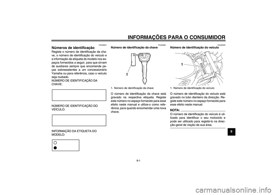 YAMAHA YBR125 2005 Manual de utilização (in Portuguese) INFORMAÇÕES PARA O CONSUMIDOR
9-1
9
PAU26351
Números de identificação Registe o número de identificação da cha-
ve, o número de identificação do veículo e
a informação da etiqueta do mod YAMAHA YBR125 2005 Manual de utilização (in Portuguese) INFORMAÇÕES PARA O CONSUMIDOR
9-1
9
PAU26351
Números de identificação Registe o número de identificação da cha-
ve, o número de identificação do veículo e
a informação da etiqueta do mod