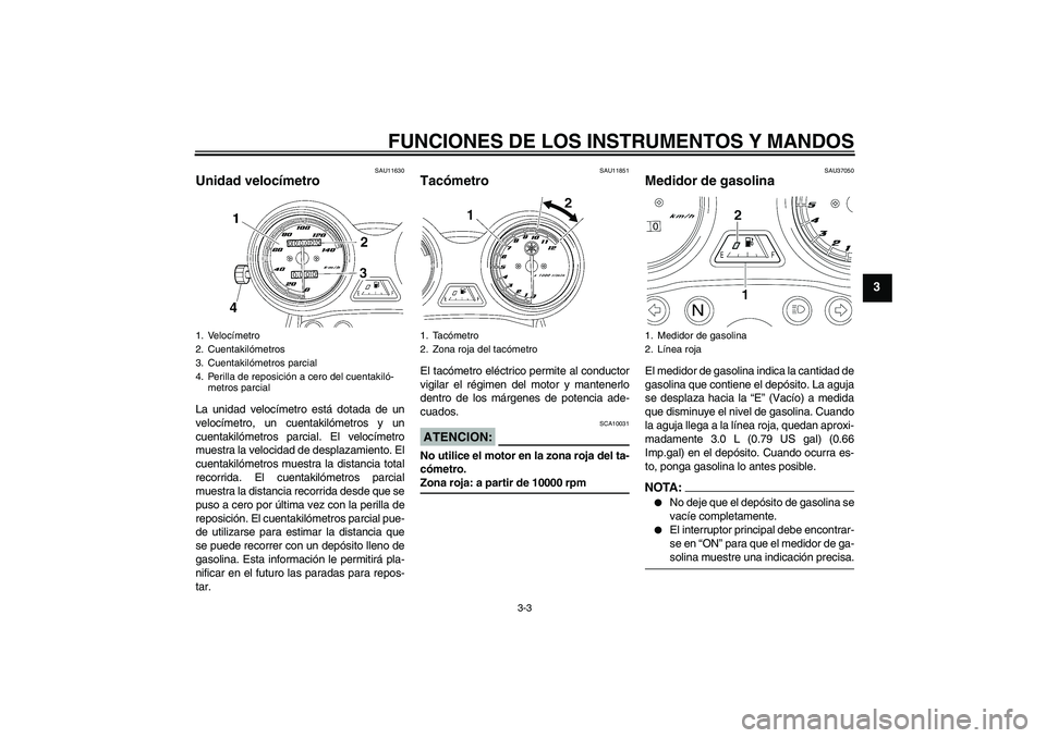 YAMAHA YBR125 2005  Manuale de Empleo (in Spanish) FUNCIONES DE LOS INSTRUMENTOS Y MANDOS
3-3
3
SAU11630
Unidad velocímetro La unidad velocímetro está dotada de un
velocímetro, un cuentakilómetros y un
cuentakilómetros parcial. El velocímetro
m