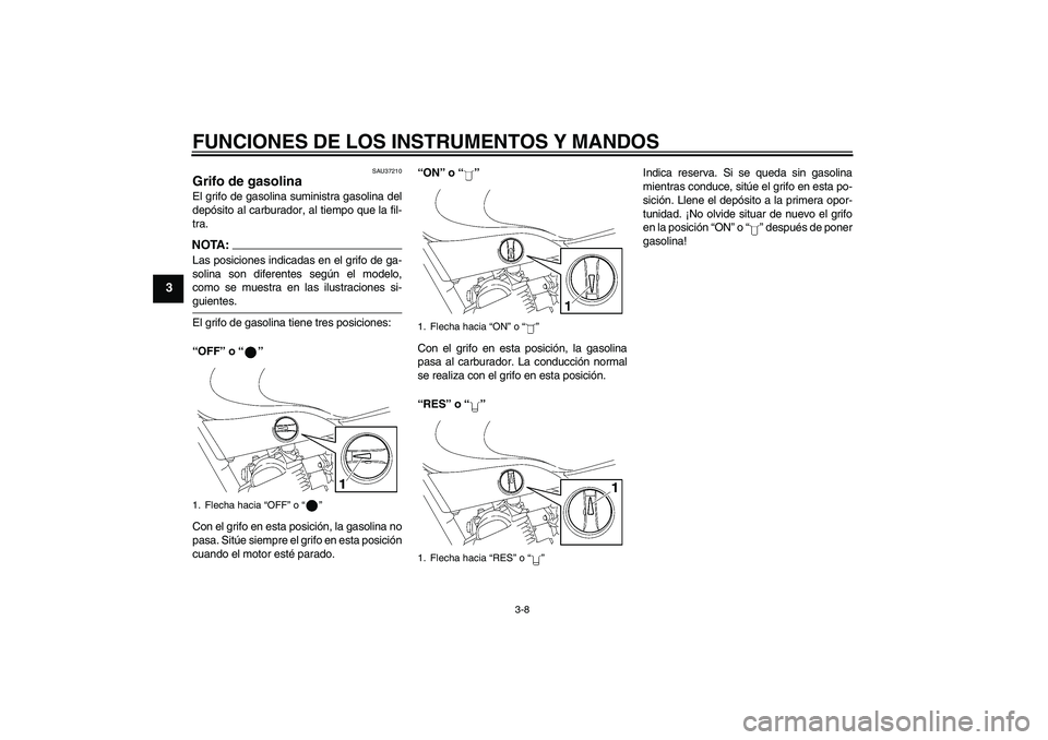 YAMAHA YBR125 2005  Manuale de Empleo (in Spanish) FUNCIONES DE LOS INSTRUMENTOS Y MANDOS
3-8
3
SAU37210
Grifo de gasolina El grifo de gasolina suministra gasolina del
depósito al carburador, al tiempo que la fil-
tra.NOTA :
Las posiciones indicadas 