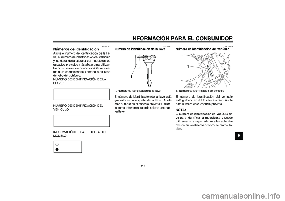 YAMAHA YBR125 2005 Manuale de Empleo (in Spanish) INFORMACIÓN PARA EL CONSUMIDOR
9-1
9
SAU26351
Números de identificación Anote el número de identificación de la lla-
ve, el número de identificación del vehículo
y los datos de la etiqueta del YAMAHA YBR125 2005 Manuale de Empleo (in Spanish) INFORMACIÓN PARA EL CONSUMIDOR
9-1
9
SAU26351
Números de identificación Anote el número de identificación de la lla-
ve, el número de identificación del vehículo
y los datos de la etiqueta del
