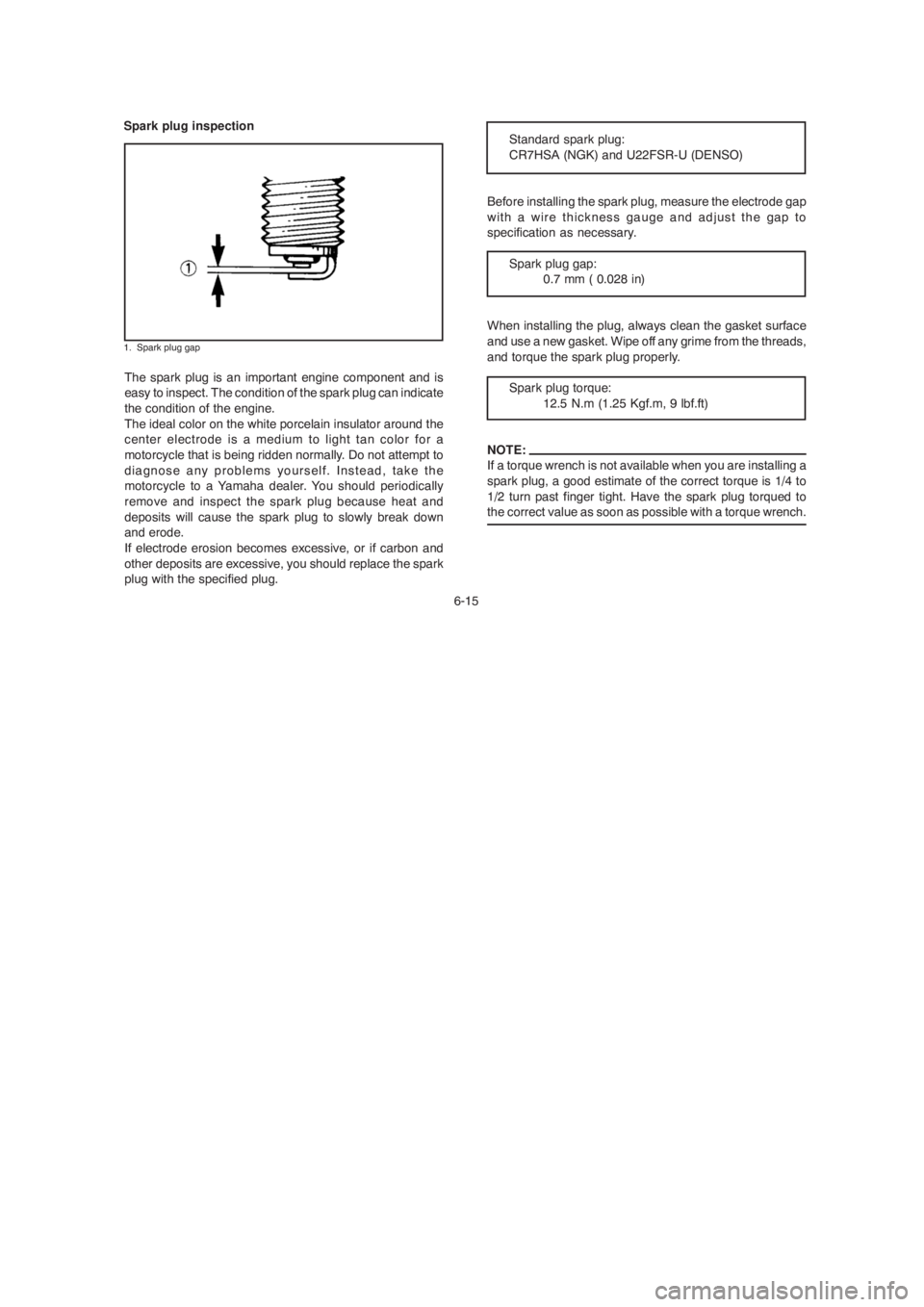 YAMAHA YBR125 2004 Workshop Manual 6-15
1. Spark plug gap
Spark plug inspection
The spark plug is an important engine component and is
easy to inspect. The condition of the spark plug can indicate
the condition of the engine.
The ideal