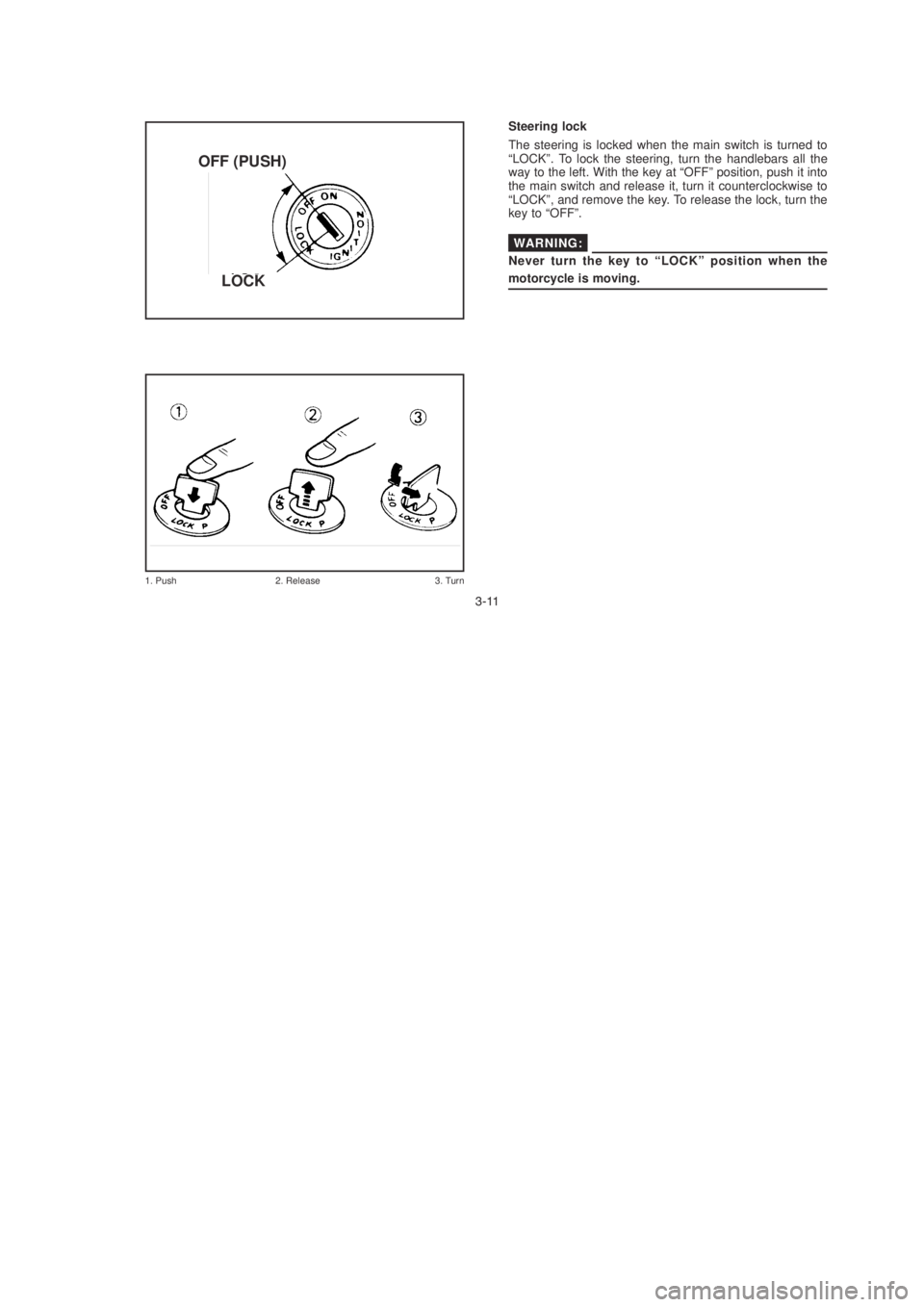 YAMAHA YBR125 2003 Owners Manual 
1. Push        2. Release     3. Turn
LOCK
OFF (PUSH)
Steering lock
The steering is locked when the main switch is turned to
“LOCK”. To lock the steering, turn the handlebars all the
way to t