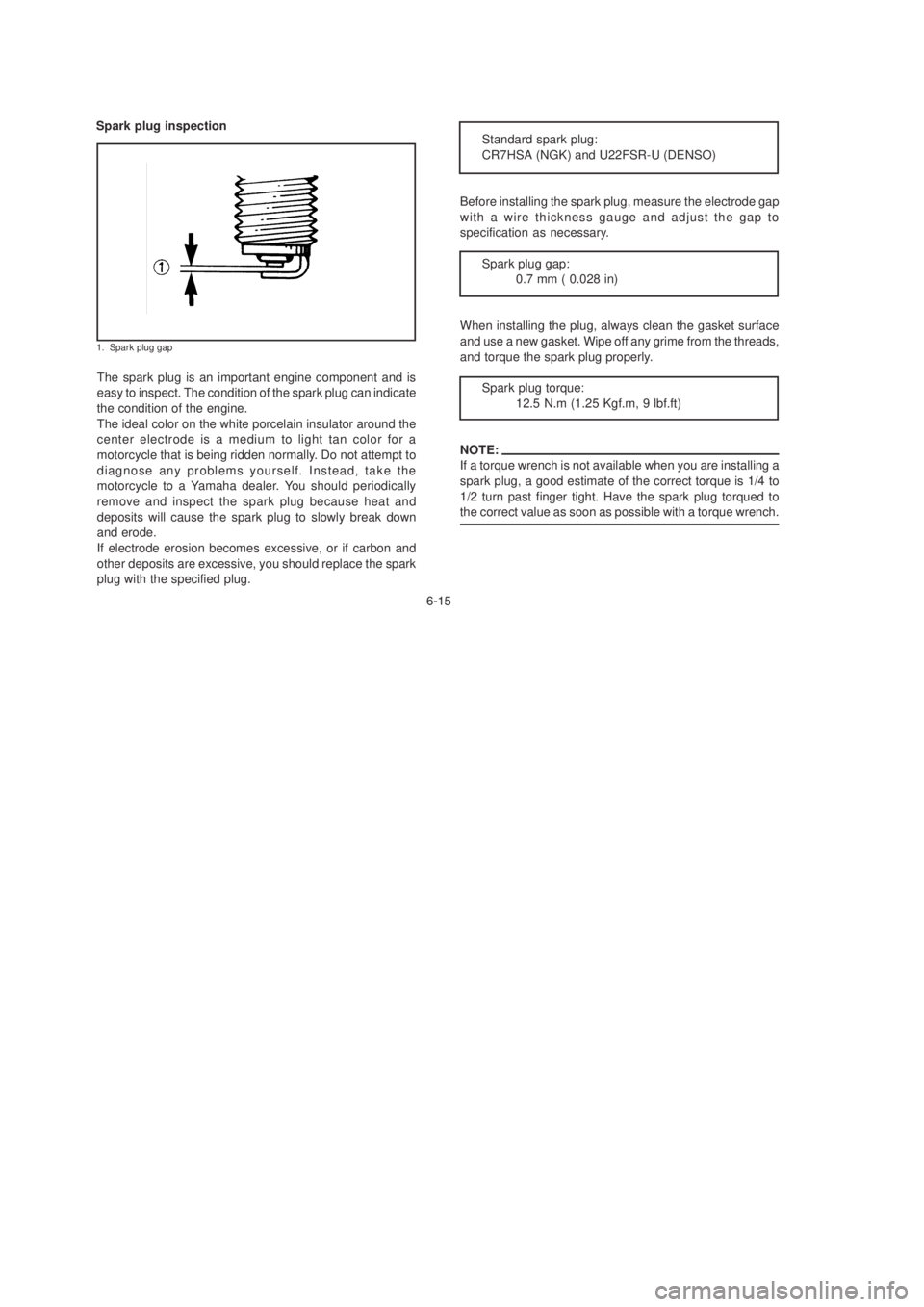 YAMAHA YBR125 2003 Workshop Manual ! 
1. Spark plug gap
Spark plug inspection
The spark plug is an important engine component and is
easy to inspect. The condition of the spark plug can indicate
the condition of the engine.
The ideal