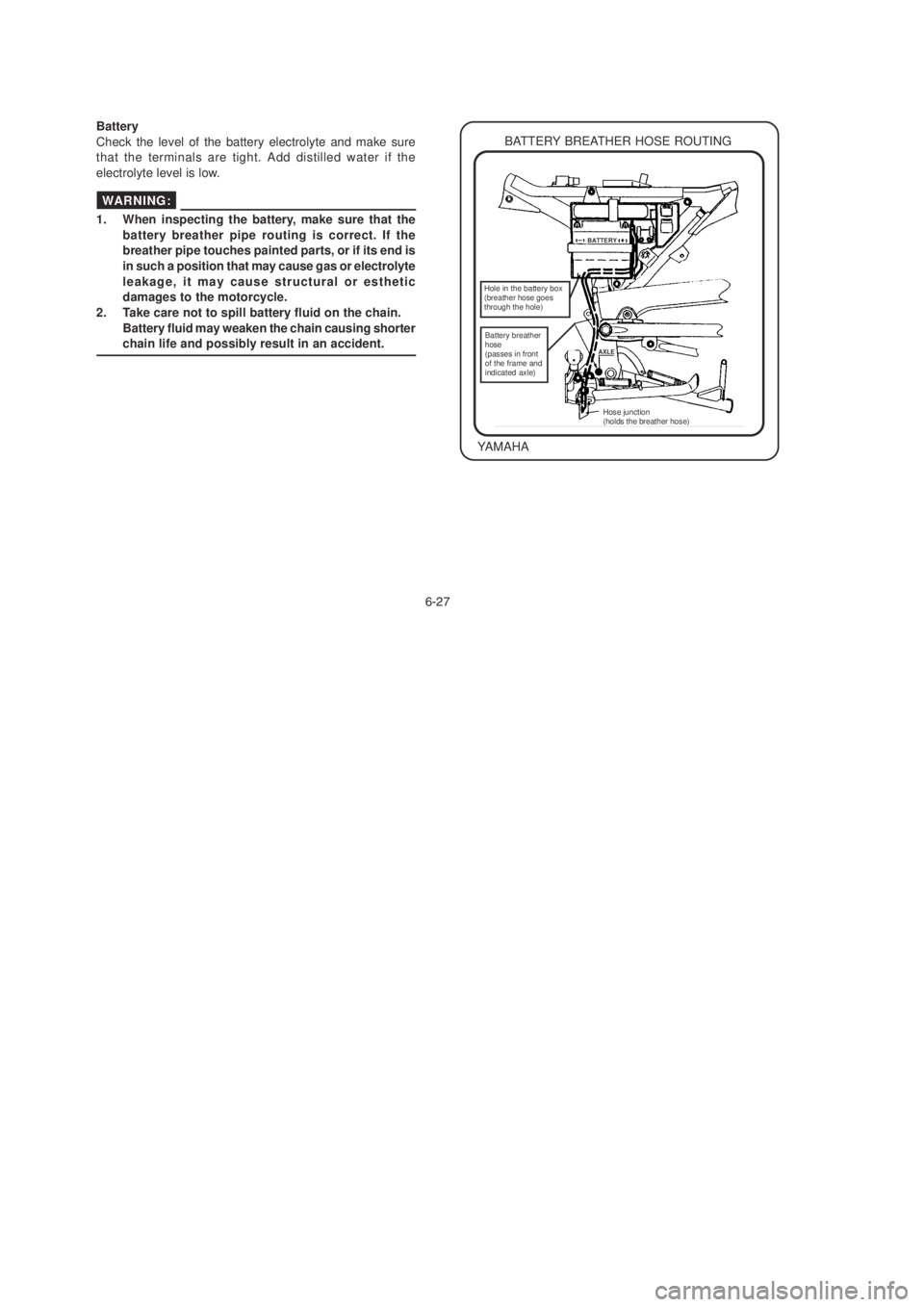 YAMAHA YBR125 2003 Manual PDF !"
BATTERY BREATHER HOSE ROUTING
YAMAHA Battery
Check the level of the battery electrolyte and make sure
that the terminals are tight. Add distilled water if the
electrolyte level is low.
1. When in