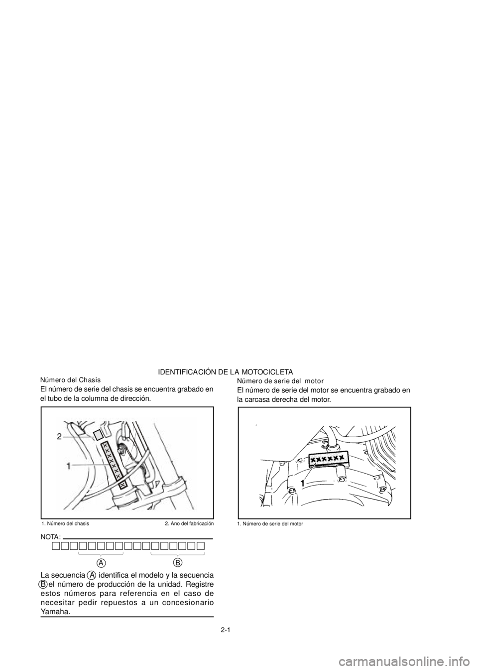 YAMAHA YBR125 2002 User Guide 2
2-1 Número del Chasis
El número de serie del chasis se encuentra grabado en
el tubo de la columna de dirección.
1. Número del chasis 2. Ano del fabricación
Número de serie del motor
El número YAMAHA YBR125 2002 User Guide 2
2-1 Número del Chasis
El número de serie del chasis se encuentra grabado en
el tubo de la columna de dirección.
1. Número del chasis 2. Ano del fabricación
Número de serie del motor
El número