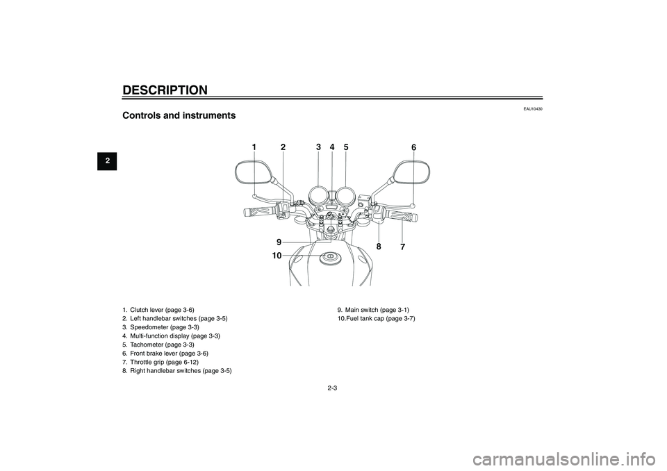 YAMAHA YBR250 2011 User Guide DESCRIPTION
2-3
2
EAU10430
Controls and instruments1. Clutch lever (page 3-6)
2. Left handlebar switches (page 3-5)
3. Speedometer (page 3-3)
4. Multi-function display (page 3-3)
5. Tachometer (page 3 YAMAHA YBR250 2011 User Guide DESCRIPTION
2-3
2
EAU10430
Controls and instruments1. Clutch lever (page 3-6)
2. Left handlebar switches (page 3-5)
3. Speedometer (page 3-3)
4. Multi-function display (page 3-3)
5. Tachometer (page 3