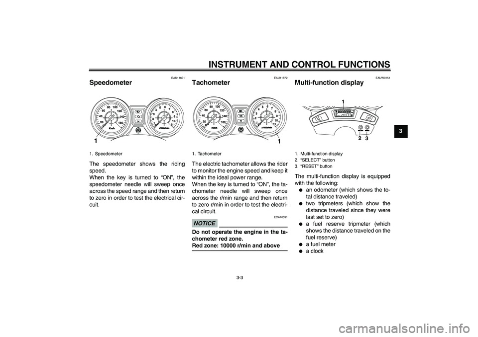 YAMAHA YBR250 2011 User Guide INSTRUMENT AND CONTROL FUNCTIONS
3-3
3
EAU11601
Speedometer The speedometer shows the riding
speed.
When the key is turned to “ON”, the
speedometer needle will sweep once
across the speed range an YAMAHA YBR250 2011 User Guide INSTRUMENT AND CONTROL FUNCTIONS
3-3
3
EAU11601
Speedometer The speedometer shows the riding
speed.
When the key is turned to “ON”, the
speedometer needle will sweep once
across the speed range an