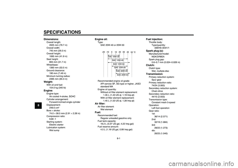 YAMAHA YBR250 2011 Manual PDF SPECIFICATIONS
8-1
8
Dimensions:Overall length:
2025 mm (79.7 in)
Overall width:
745 mm (29.3 in)
Overall height:
1065 mm (41.9 in)
Seat height:
805 mm (31.7 in)
Wheelbase:
1360 mm (53.5 in)
Ground cl YAMAHA YBR250 2011 Manual PDF SPECIFICATIONS
8-1
8
Dimensions:Overall length:
2025 mm (79.7 in)
Overall width:
745 mm (29.3 in)
Overall height:
1065 mm (41.9 in)
Seat height:
805 mm (31.7 in)
Wheelbase:
1360 mm (53.5 in)
Ground cl