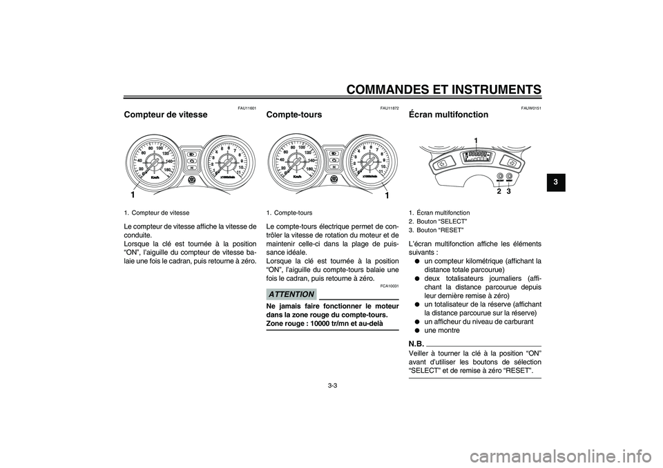 YAMAHA YBR250 2011 Notices Demploi (in French) COMMANDES ET INSTRUMENTS
3-3
3
FAU11601
Compteur de vitesse Le compteur de vitesse affiche la vitesse de
conduite.
Lorsque la clé est tournée à la position
“ON”, l’aiguille du compteur de vit YAMAHA YBR250 2011 Notices Demploi (in French) COMMANDES ET INSTRUMENTS
3-3
3
FAU11601
Compteur de vitesse Le compteur de vitesse affiche la vitesse de
conduite.
Lorsque la clé est tournée à la position
“ON”, l’aiguille du compteur de vit