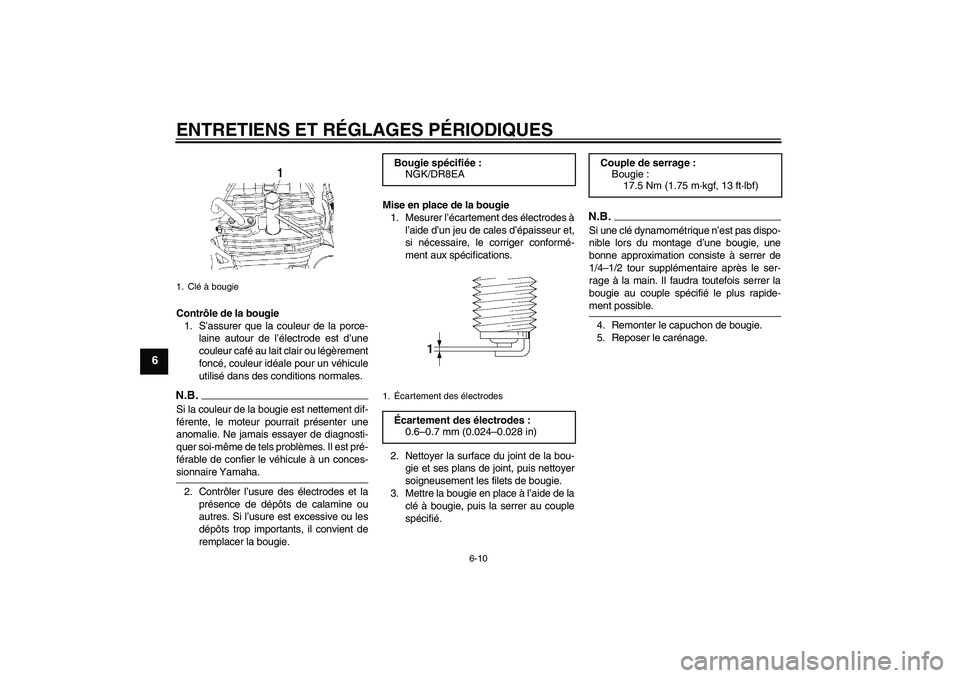 YAMAHA YBR250 2011  Notices Demploi (in French) ENTRETIENS ET RÉGLAGES PÉRIODIQUES
6-10
6
Contrôle de la bougie
1. S’assurer que la couleur de la porce-
laine autour de l’électrode est d’une
couleur café au lait clair ou légèrement
fon