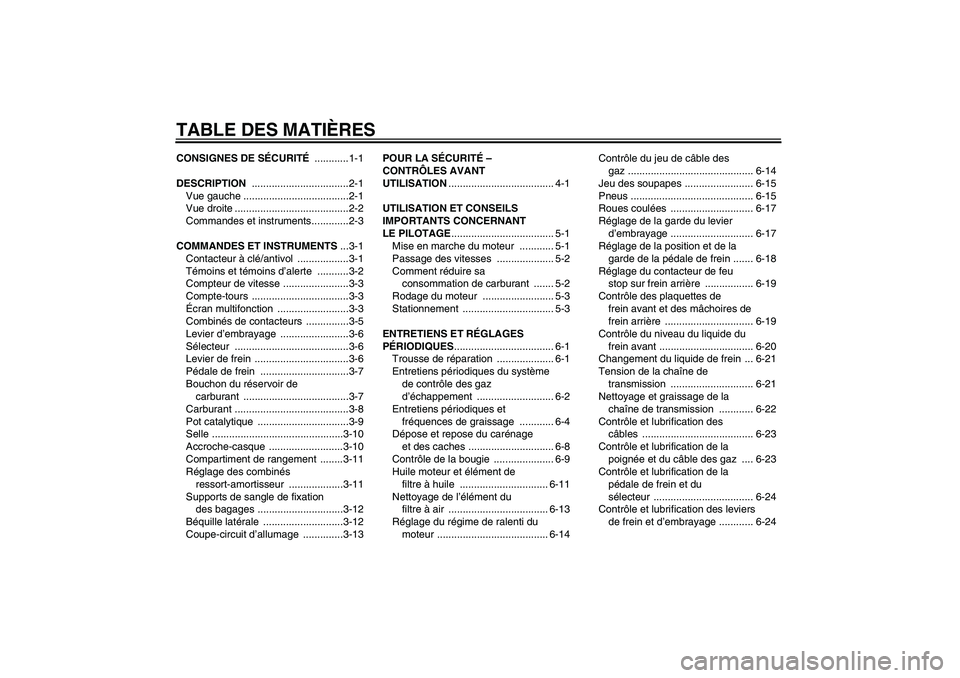 YAMAHA YBR250 2011  Notices Demploi (in French) TABLE DES MATIÈRESCONSIGNES DE SÉCURITÉ ............1-1
DESCRIPTION ..................................2-1
Vue gauche .....................................2-1
Vue droite ............................