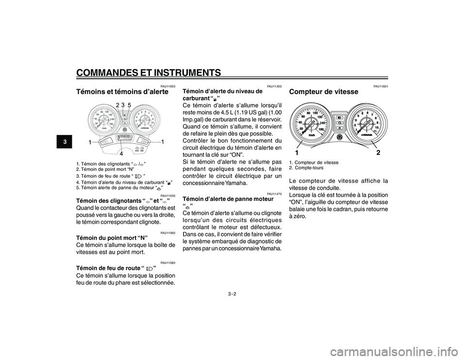 YAMAHA YBR250 2007 Notices Demploi (in French) 3-2
COMMANDES ET INSTRUMENTS
3
FAU11003
Témoins et témoins d’alerte1. Témoin des clignotants “
/
”
2. Témoin de point mort “N”
3. Témoin de feu de route “ ”
4. Témoin d’alerte d YAMAHA YBR250 2007 Notices Demploi (in French) 3-2
COMMANDES ET INSTRUMENTS
3
FAU11003
Témoins et témoins d’alerte1. Témoin des clignotants “
/
”
2. Témoin de point mort “N”
3. Témoin de feu de route “ ”
4. Témoin d’alerte d