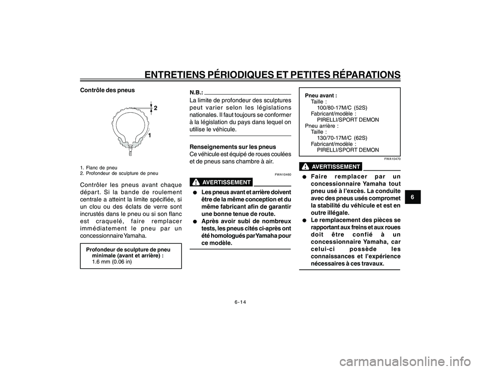 YAMAHA YBR250 2007  Notices Demploi (in French) 6-14
6
ENTRETIENS PÉRIODIQUES ET PETITES RÉPARATIONS
Contrôle des pneus1. Flanc de pneu
2. Profondeur de sculpture de pneuContrôler les pneus avant chaque
départ. Si la bande de roulement
central