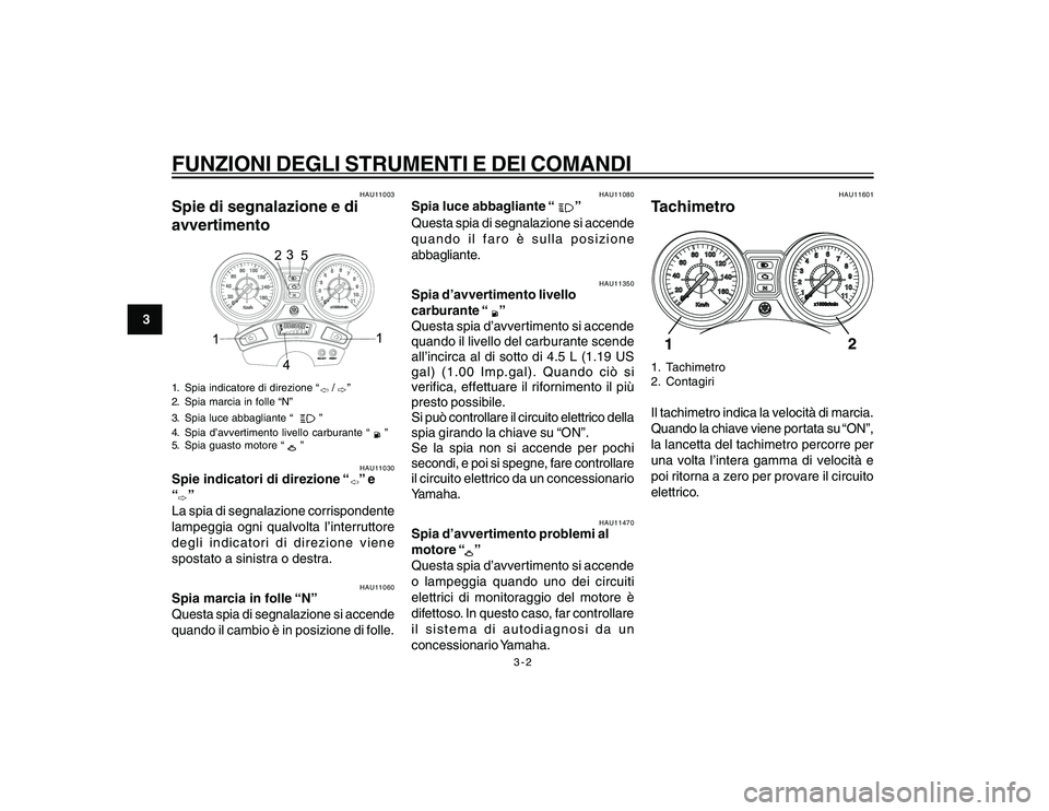 YAMAHA YBR250 2007  Manuale duso (in Italian) 3-2
3
FUNZIONI DEGLI STRUMENTI E DEI COMANDI
HAU11003
Spie di segnalazione e di
avvertimento1. Spia indicatore di direzione “
 / 
”
2. Spia marcia in folle “N”
3. Spia luce abbagliante “ 
 �