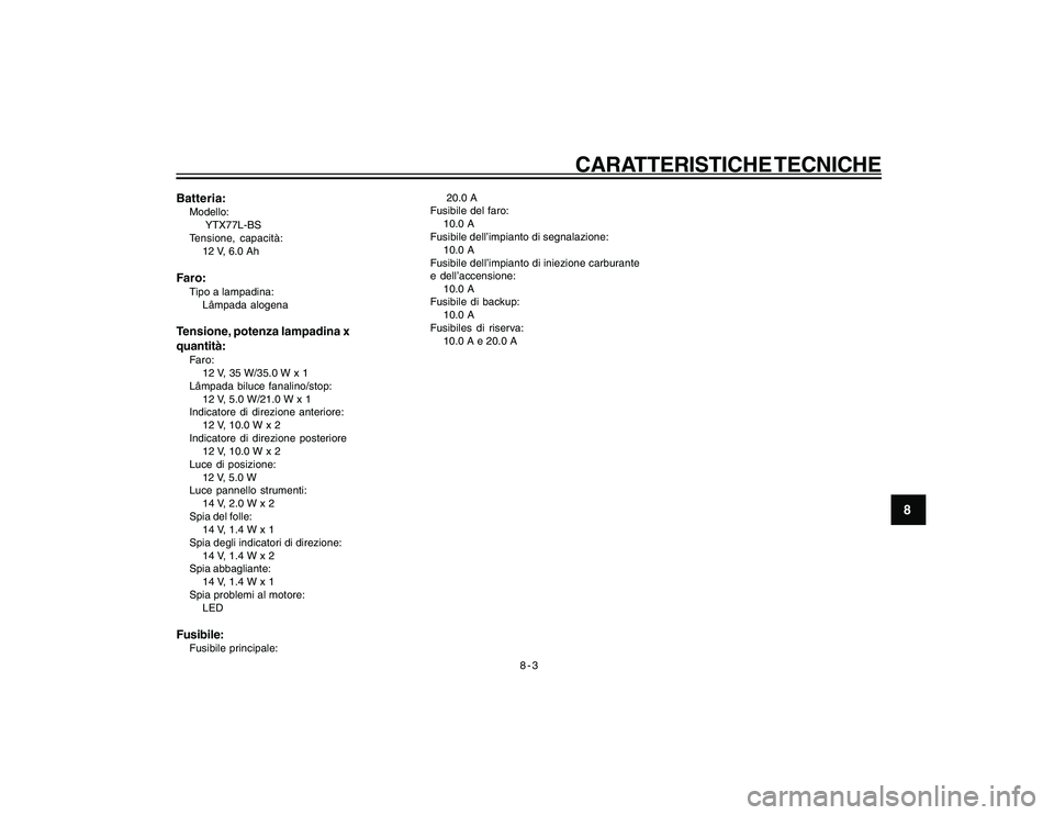 YAMAHA YBR250 2007  Manuale duso (in Italian) 8-3
CARATTERISTICHE TECNICHE
8
Batteria:Modello:
 YTX77L-BS
Tensione, capacità:
12 V, 6.0 AhFaro:Tipo a lampadina:
Lâmpada alogenaTensione, potenza lampadina x
quantità:Faro:
12 V, 35 W/35.0 W x 1

