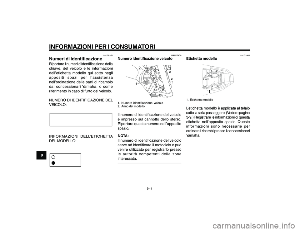 YAMAHA YBR250 2007 Manuale duso (in Italian) 9-1
INFORMAZIONI PER I CONSUMATORI
9
HAU26351
Numeri di identificazioneRiportare i numeri d’identificazione della
chiave, del veicolo e le informazioni
dell’etichetta modello qui sotto negli
appos YAMAHA YBR250 2007 Manuale duso (in Italian) 9-1
INFORMAZIONI PER I CONSUMATORI
9
HAU26351
Numeri di identificazioneRiportare i numeri d’identificazione della
chiave, del veicolo e le informazioni
dell’etichetta modello qui sotto negli
appos