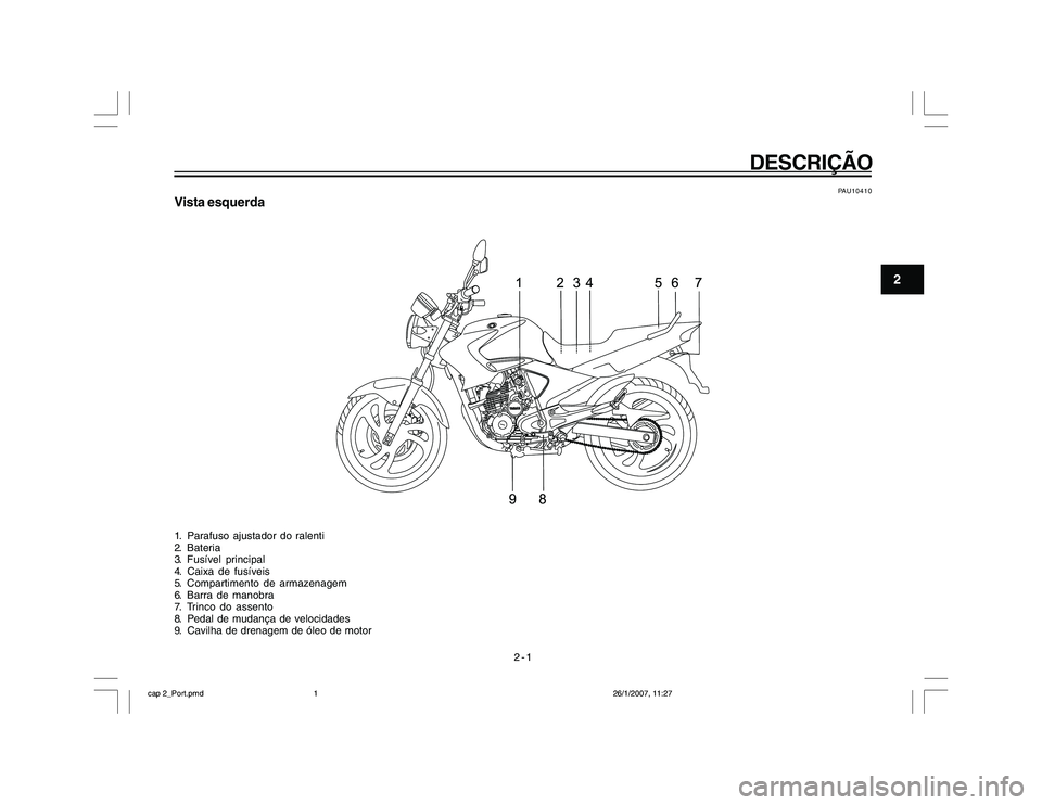 YAMAHA YBR250 2007 Manual de utilização (in Portuguese) 2-1
DESCRIÇÃO
2
PAU10410
Vista esquerda1. Parafuso ajustador do ralenti
2. Bateria
3. Fusível principal
4. Caixa de fusíveis
5. Compartimento de armazenagem
6. Barra de manobra
7. Trinco do assent YAMAHA YBR250 2007 Manual de utilização (in Portuguese) 2-1
DESCRIÇÃO
2
PAU10410
Vista esquerda1. Parafuso ajustador do ralenti
2. Bateria
3. Fusível principal
4. Caixa de fusíveis
5. Compartimento de armazenagem
6. Barra de manobra
7. Trinco do assent