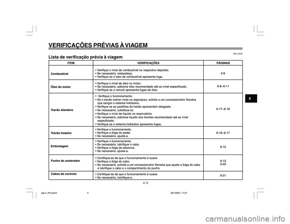 YAMAHA YBR250 2007 Manual de utilização (in Portuguese) 4-2
VERIFICAÇÕES PRÉVIAS À VIAGEM
4
PAU15605
Lista de verificação prévia à viagem
cap 4_Port.pmd26/1/2007, 11:27 2 YAMAHA YBR250 2007 Manual de utilização (in Portuguese) 4-2
VERIFICAÇÕES PRÉVIAS À VIAGEM
4
PAU15605
Lista de verificação prévia à viagem
cap 4_Port.pmd26/1/2007, 11:27 2