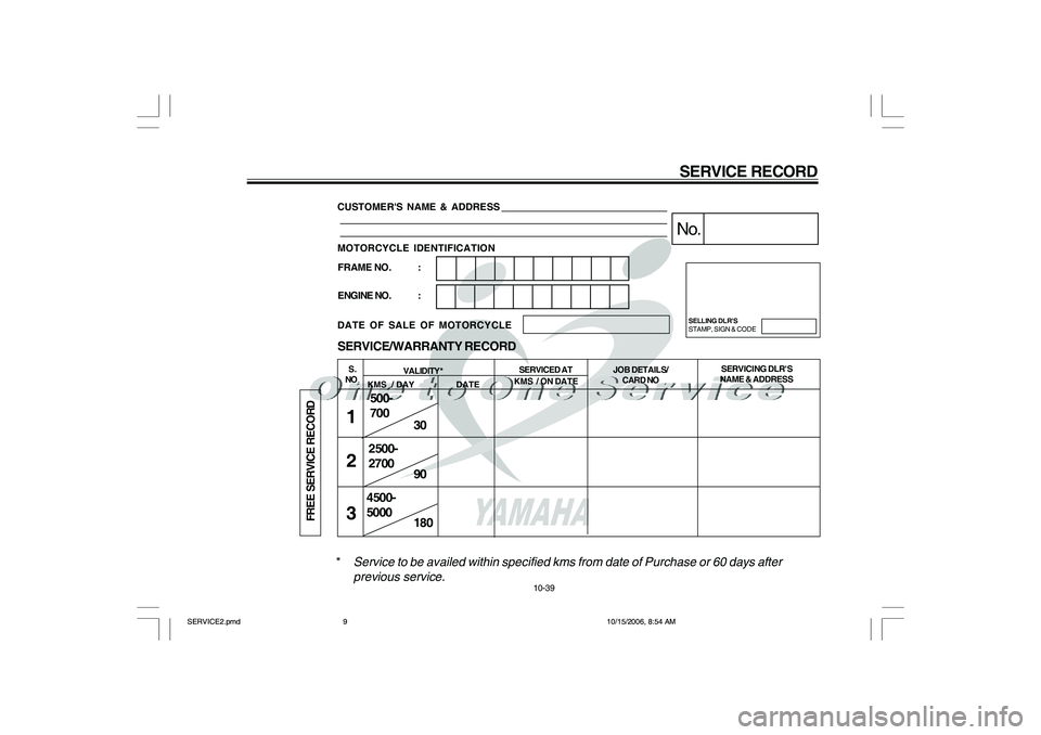 YAMAHA YD110 2007  Owners Manual *Service to be availed within specified kms from date of Purchase or 60 days after
previous service.CUSTOMERS NAME & ADDRESS
MOTORCYCLE IDENTIFICATION
DATE OF SALE OF MOTORCYCLE
30
90
180 SERVICE/WAR