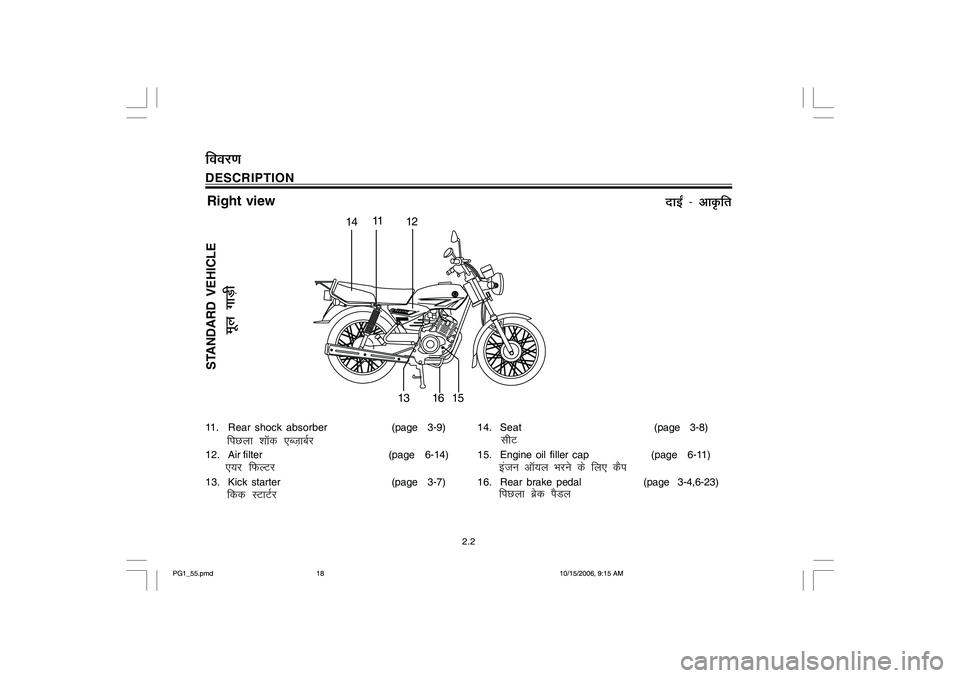 YAMAHA YD110 2007  Owners Manual DESCRIPTIONfooj.k
2.2
11. Rear shock absorber(page   3-9)
12. Air filter (page   6-14)
13. Kick  starter (page   3-7)
fiNyk kkWd ,Ct+kcZj
,;j fQYVj
fdd LVkVZj
14. Seat(page   3-8)
15. Engine oil fill